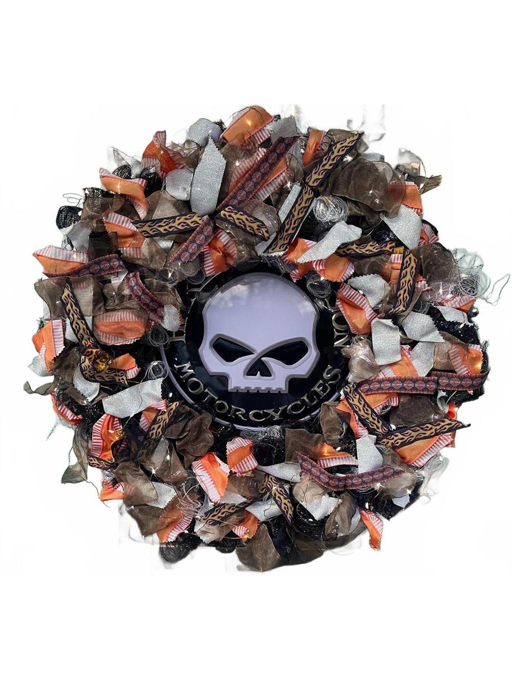 Harley-Davidson Skull Motorcycle Themed Indoor/Outdoor Wreath with Lights